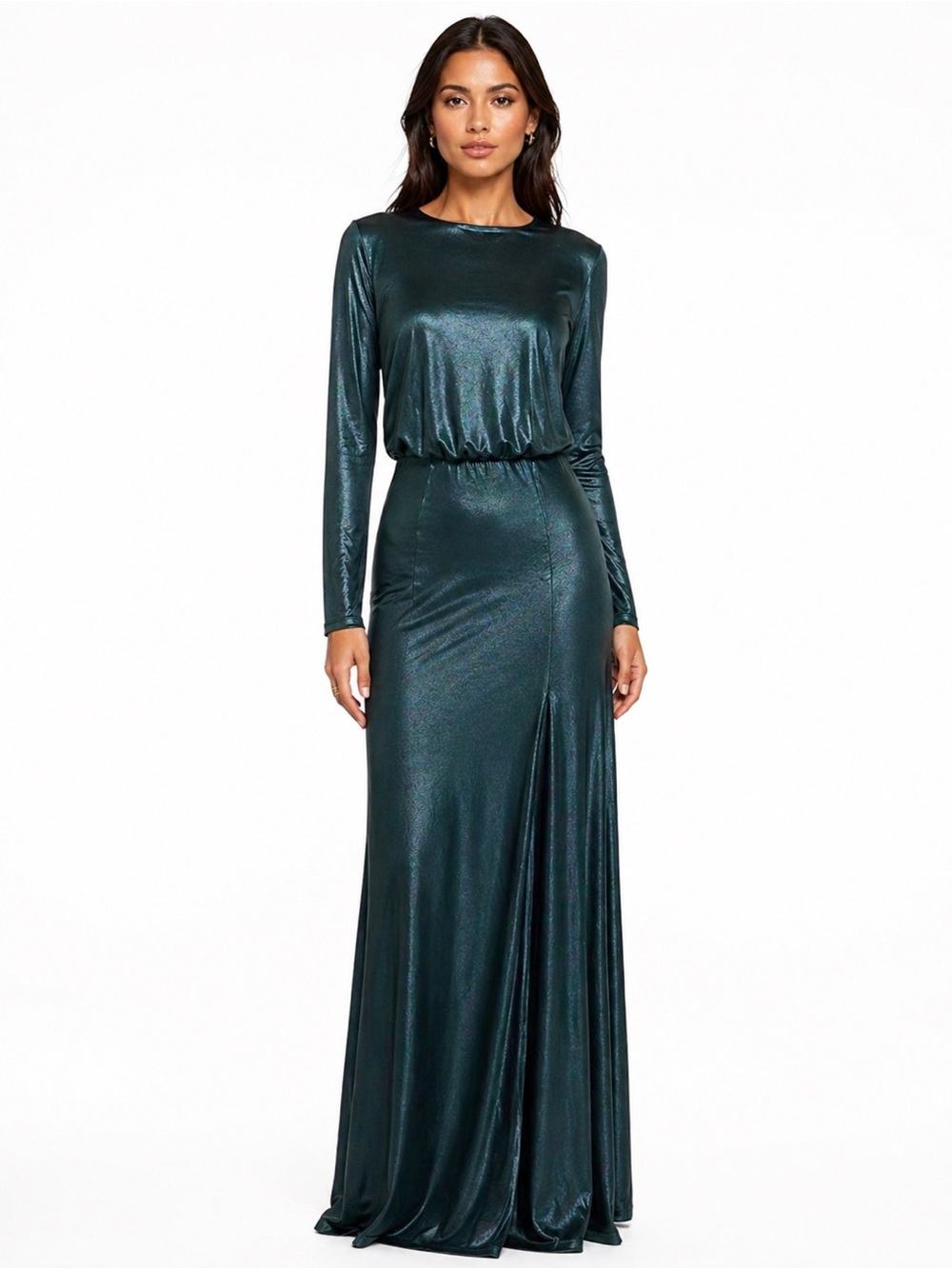 New! Dress the Population Long Sleeve Green Shimmer‎ Dress with Slit Sz Small